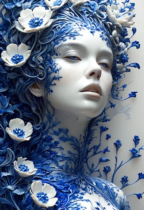 Midjourney, MJ, Midjourney style, realism, cinematic quality, play of light, gradient, glow, porcelain skin, dutch tilt, dynamic pose, white porcelain girl with blue flowers, stunning art, abstract, floral, gold thread lace, predominantly white, centered, ...