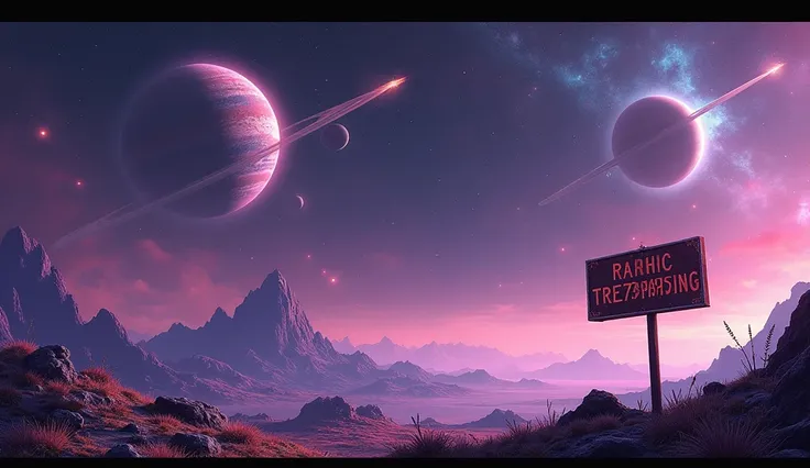 view of a planet in deep space, with stars of different colors, and 2 big planets with rings and moons in the back. the space has some bright colors, purple and pink. on the planet there is an abandoned space station and a sign brown/organge that writes wi...