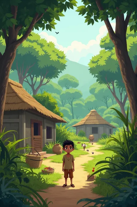 **Prompt:** "A young boy named Arjun lives in a small village in the heart of Chhattisgarh, surrounded by lush green forests and wildlife."
   - Visual: A small, traditional village in the middle of a dense forest. A young boy, Arjun, is seen near his simp...