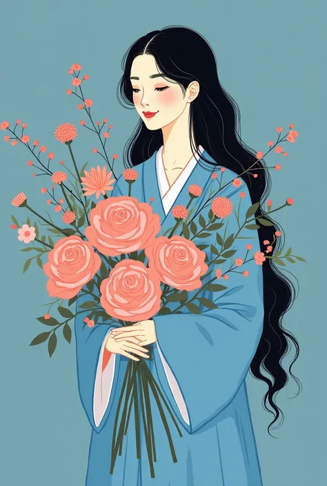 An elegant woman holds a large bouquet of flowers., Bring flowers,，Long wavy hair，Beautiful face，,Smile，teeth， With blue background, Flowers grow from the body, In the blue robe，Se Kin-Kong（Kose Kanaoka）Minimalism