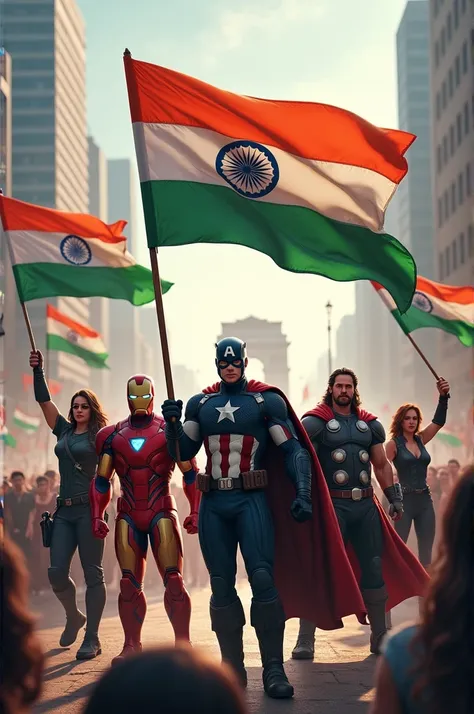 Avengers holding indian flags in delhi