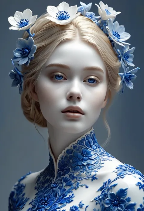 Midjourney, MJ, Midjourney style, realism, cinematic quality, play of light, gradient, glow, porcelain skin, dutch tilt, dynamic pose, white porcelain girl with blue flowers, stunning art, abstract, floral, gold thread lace, predominantly white, centered, ...