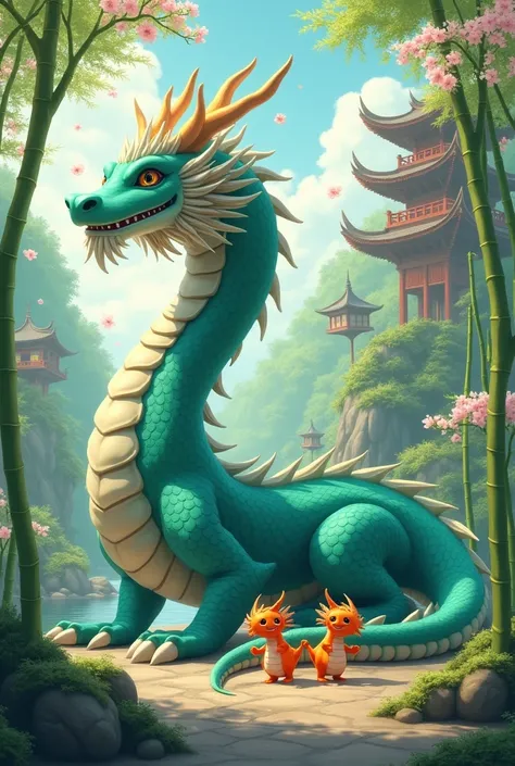 A tiffany green dragon,huge,on the ground,Little dragons holding hands,Young dragons come in different colors.,cute style,background chinese style,forest