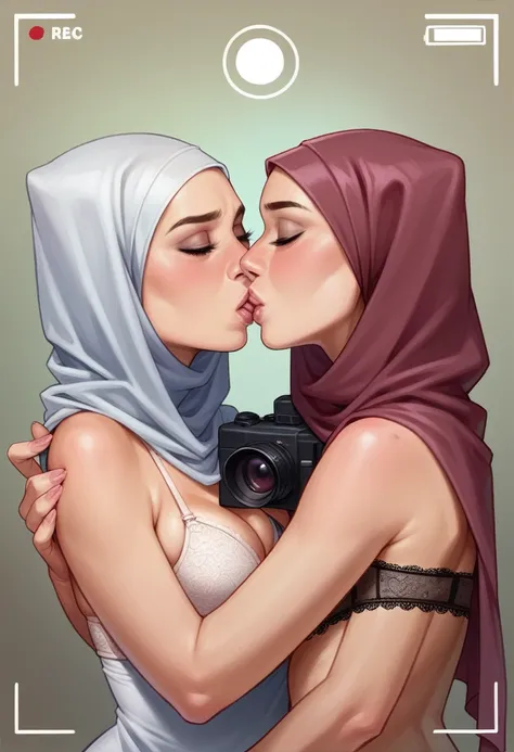 two hijab lesbian girl,lace bra,hugging from behind fingering,kissing,realistic,hd details,camera view