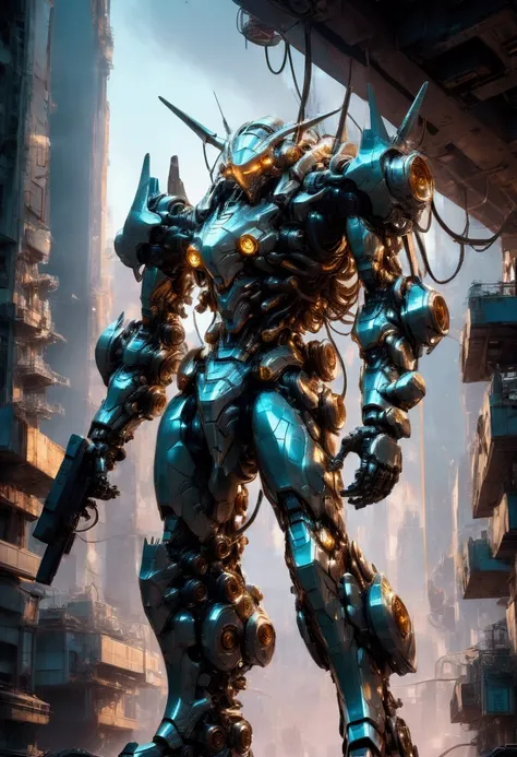 Giant Weapon, a massive futuristic mecha robot, highly detailed mechanical parts, intricate gears and pistons, glowing energy core, dramatic pose, cinematic lighting, sci-fi atmosphere, metallic sheen, depth of field, 8k, concept art style, masterpiece, be...