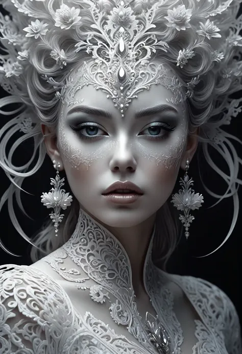 Midjourney, MJ, Midjourney style, realism, cinematic quality, play of light, gradient, glow, porcelain skin, stunning art, abstract, floral, lace, predominantly white, dynamic pose, centered, key visual, intricate, highly detailed, breathtaking beauty, pre...