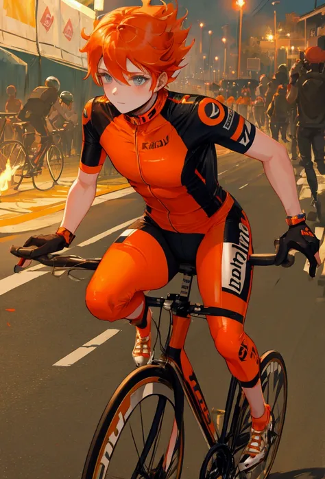 Orange Hair　Wearing a helmet　cute　Riding a bicycle　During the race　road racer