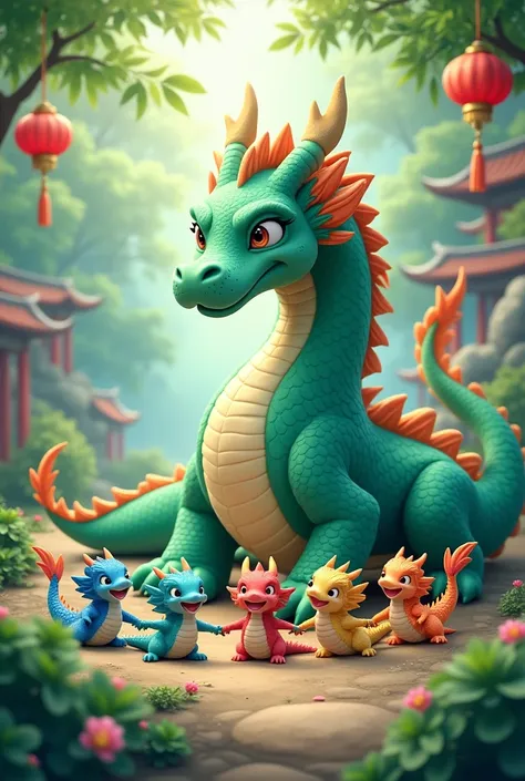 A tiffany green dragon,huge,on the ground,Several little dragons held hands with him,Young dragons come in different colors.,cute style,background chinese style,forest