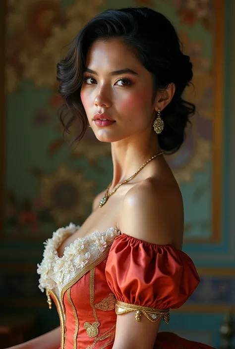 Beautiful latina woman perfect body short brunette hair,  dressed in elegant victorian era 19th century American colorful conservative formal studio lighting,  beautiful indoor background 