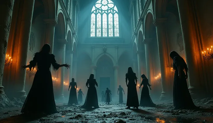 many succubus women, absorbing the souls of many men, The men run scared and terrified, inside a dark cathedral, abandoned and satanic 