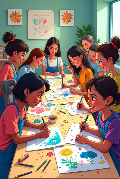 make a cartoon illustration of several people having a coloring competition