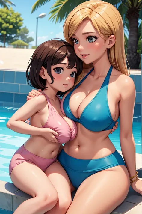 Mother and daughter by the pool, big boobs, 33-year-old mother, The daughter, small breasts