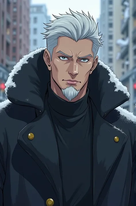 Sexy and imposing man of about 39 years old, skin very white, grey eyes, White hair, dressed in a stylish winter coat with a short goatee beard, anime style