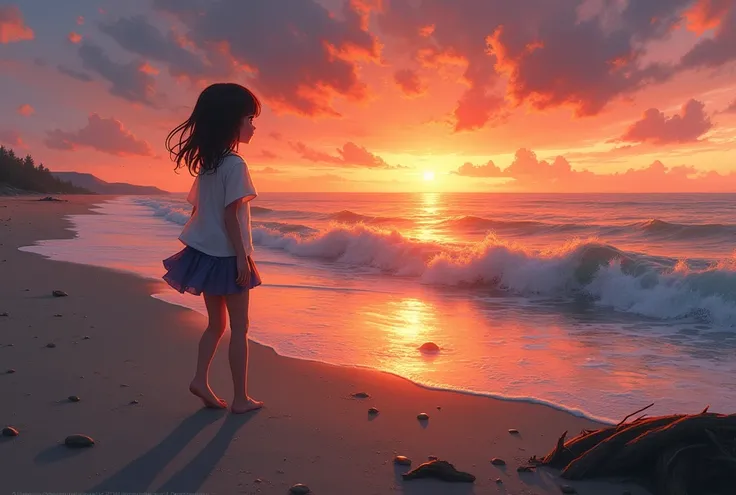 Filled with the sunset、One Girl、Walking on the beach and looking at the sea 