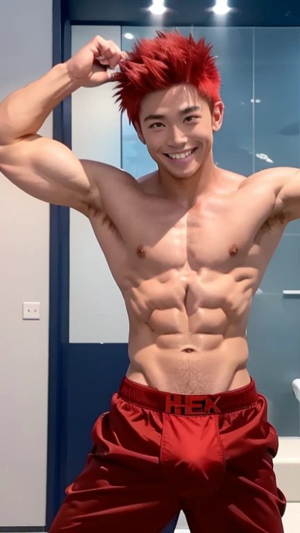 Japanese men、、Well-developed muscles and smooth skin、Spiky, slightly long red hair、Boxer briefs、A fearless, toothy grin、Masculine pose、You can see the whole body from head to toe、Hero Academy