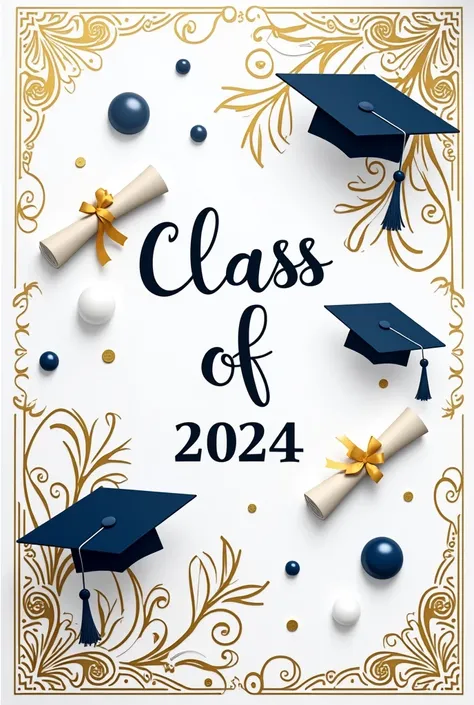 Gold and blue graduation invitation with elegant white accents featuring representative school graduation items for the class of 2024 on a white background with markol decorations.
