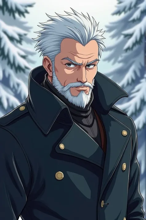 Sexy and imposing man of about 39 years old, skin very white, grey eyes, White hair, dressed in a stylish winter coat with a short goatee beard, anime style, a slightly more relaxed expression