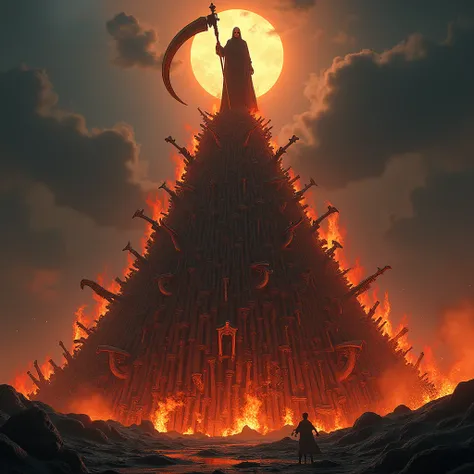 A pyramid made up of broken burning weapons and above this pyramid rises death with a scythe.