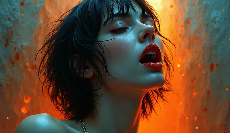 ultra-detailed, realistic, wallpaper, suck big finger, ecstasy,woman head, disheveled, hard breath, bob cut, sexual tension, red lips, sexy despair, sweat, loosing control, turtleneck, void, abstract, orange blue, 