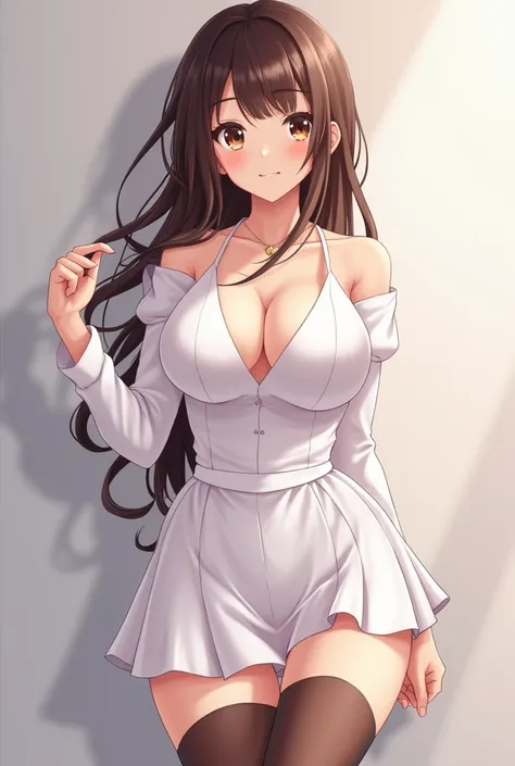 Mai sakurajima anime, Brunette woman with brown eyes, square hairstyle, with a very beautiful body shape, in white stockings and a white short skirt, Very cute and sexy.
