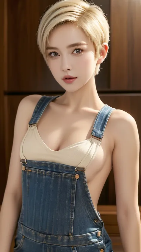 (Highest quality),(masterpiece),(One woman),(Super detailed),(very short hair:1.6),Overalls,(Blonde:1.3),(Side boob exposure:1.3),Exhibitionism,(wariza:1.8)