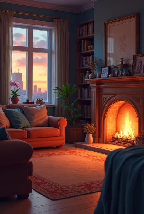 Scene of a Cozy Living Room at Dusk: A cozy living room with a fireplace burning in the background, comfortable sofas, soft and warm light illuminating the environment. There is a feeling of tranquility and unity, with family photos on the walls and books ...