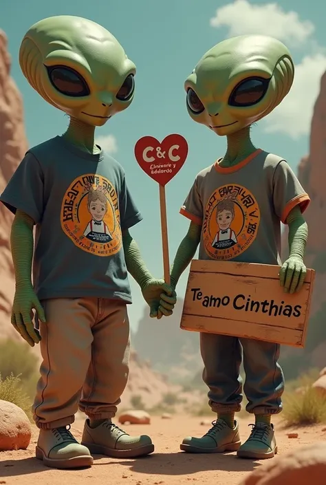 Generate an image, where to find extraterrestrials, and that aliens wear shirts with the rock bands logo  "the doors", and one of the extraterrestrials holds a sign and that inside that sign says the phrase "Te amo cinthia" and that another sign in the sha...