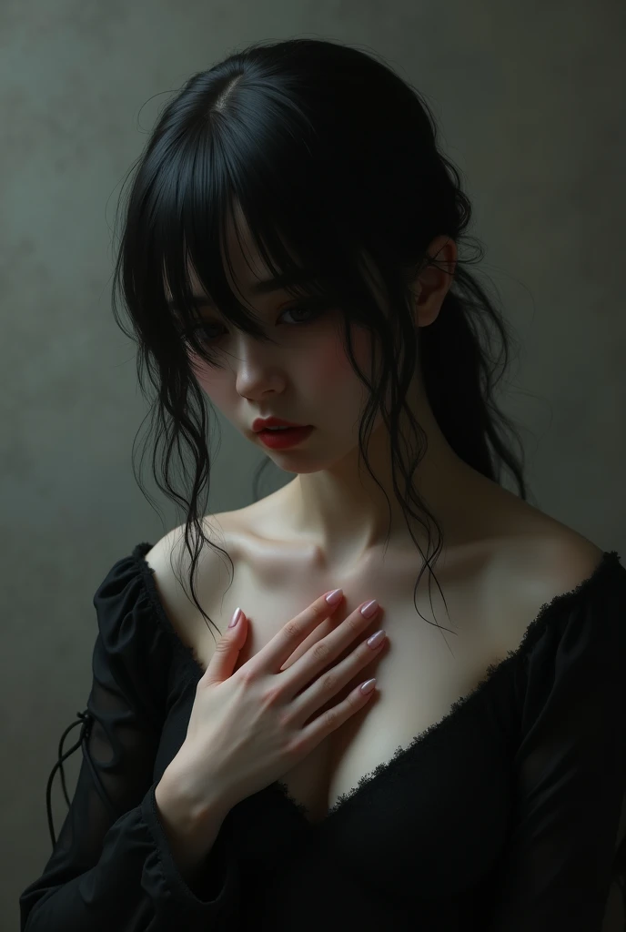 A white woman, gothic , with a low-cut neckline,  and her hands over her heart, She misses a love, her face is covered by her hair that falls over her face, straight and tied hair, She wears a black dress,she is about 20 years old
