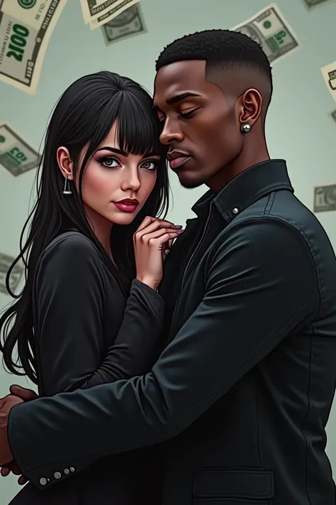 a romantic narco novela book cover, (a young afroamerican black man with short haircute and a beauty Latin woman with dark chocolate skin and a nice body with curves, 21 years old, round breasts and firm, wide and generous hips, a black dress with a low ne...