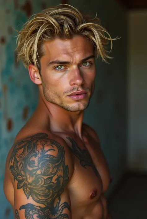 homen, 27 years old, honey blonde hair, acimetric face,  large lips,green eyes muscular body, various tattoos,
resembling actor Johnny Edlind