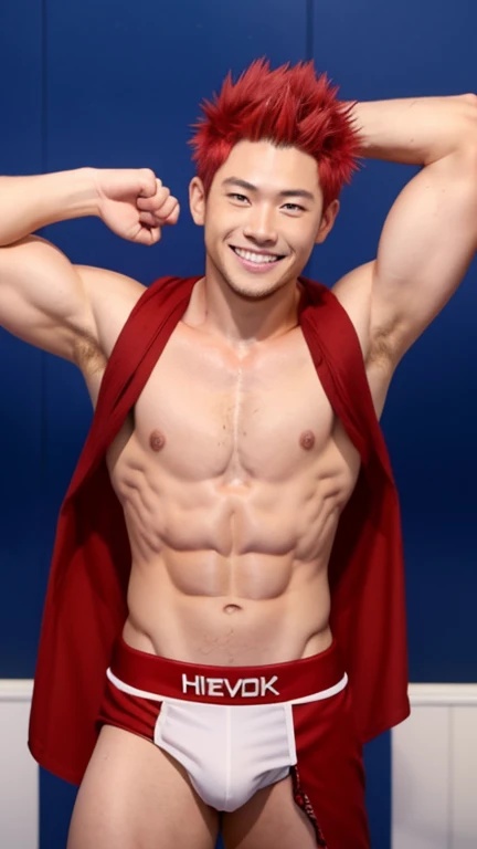 Japanese men、、Well-developed muscles and smooth skin、Spiky, slightly long red hair、Boxer briefs、Relaxed and friendly smile、Masculine pose、You can see the whole body from head to toe、Hero Academy