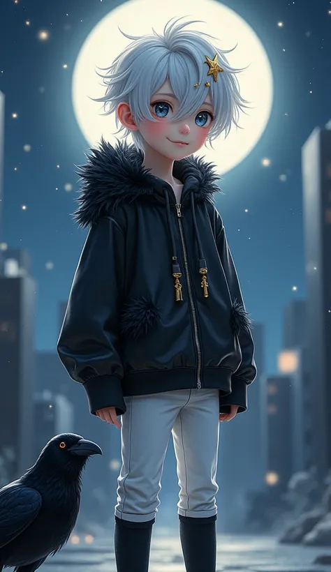 (masterpiece), (best quality), full body,simple background,standing,
Boy,shiny hair,white hair,golden star hair ornament, black feather hoodie, ((see-through)),white jeans,light smile,
Stara, sky, full_moon,detective theme,((black legwear)), ((crow)),night...