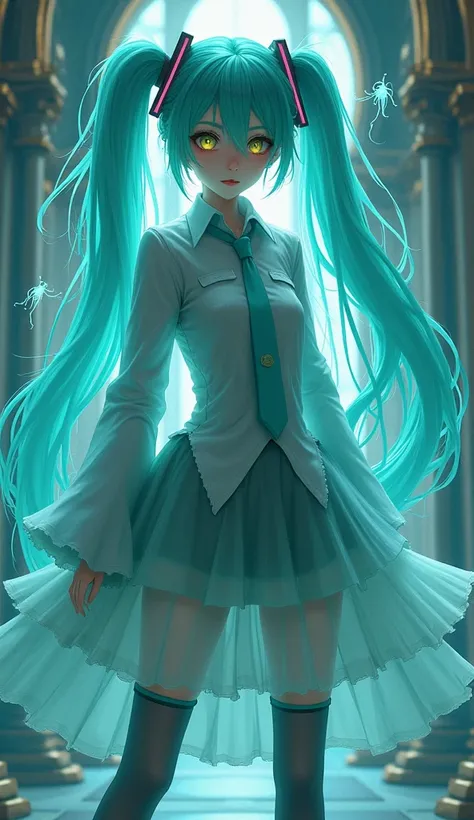 In a world of cyber-fantasy, GhostMiku_PonyXL stands out with her vibrant aqua hair and piercing yellow eyes, elegantly styled in twintails and adorned with a necktie. Her outfit features long sleeves, a seethrough-skirt, and eerie hitodama floating around...