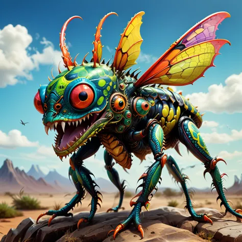 a small bizarre and strangely scary looking part mechanical brightly coloured insect reptile hybrid. Showing the entire, highly detailed body from the side. The entire picture is full of details.  Strange alien landscapes in the background. Big and highly ...