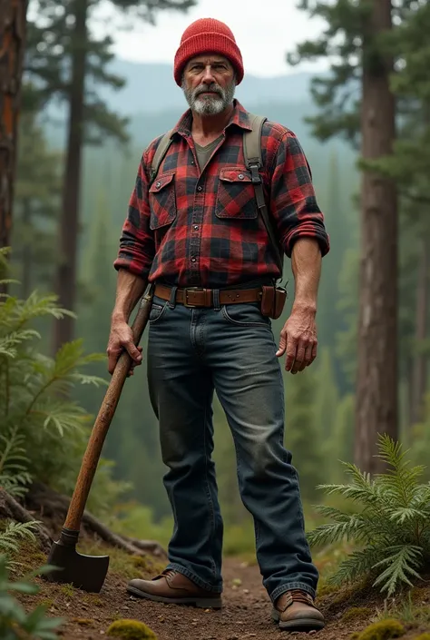 38-year-old young man with a red winter lumberjack hat, plaid shirt, dark denim pants, and brown boots in the woods with an axe 