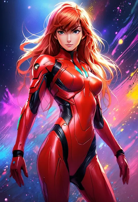 Midjourney, MJ, Midjourney style, Pastel, drawing with dry chalkposter, realistic, macro, cinematic light, score_9, score_8_up, score_7_up, Asuka Langley Soryu, red plugsuit, standing confidently, one hand on hip, other hand pointing forward, determined ex...