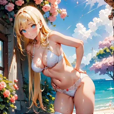 1girl, 独奏, ass pov, masterpiece, best quality, absurdres, long hair, (shiny skin: 1.2), close up nether region, sunshine, summer Please draw a stylish girl in costume. Express the relaxed summer vibe with clear skies and gentle waves on the beach in the ba...