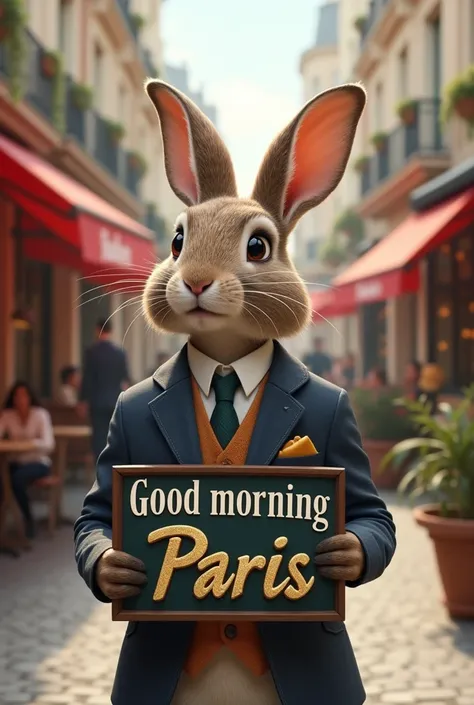 Create an image of a rabbit wearing a suit in the city of Paris holding a sign that says Good morning Paris.