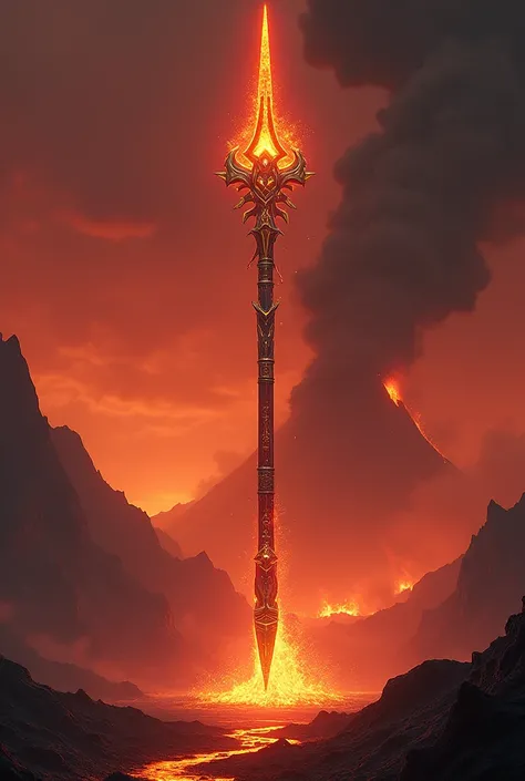 a giant long spear, celestial spear, mystical landscape, red start, (inferno:1.3), volcano, cinematic lighting, realistic, (masterpiece, best quality:1.2)