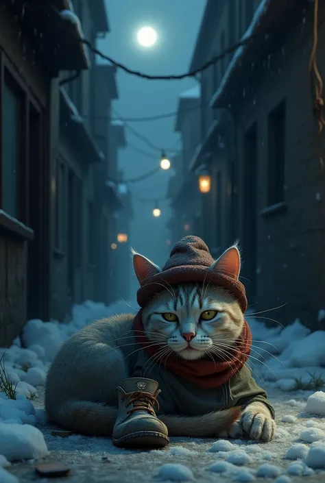 The cat is curled up in an empty alley, wearing a tattered gray coat full of holes and patches. Its feet are clad in worn-out old shoes, and it wears a faded little hat on its head. The background is a cold night, with icy moonlight casting shadows in the ...