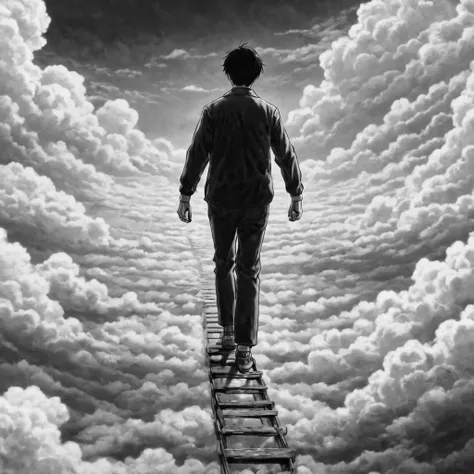 a man walking on clouds, (anime), bizarre scenario, Junji Ito, Yusuke Murata, black and white, 8k, anime, horror