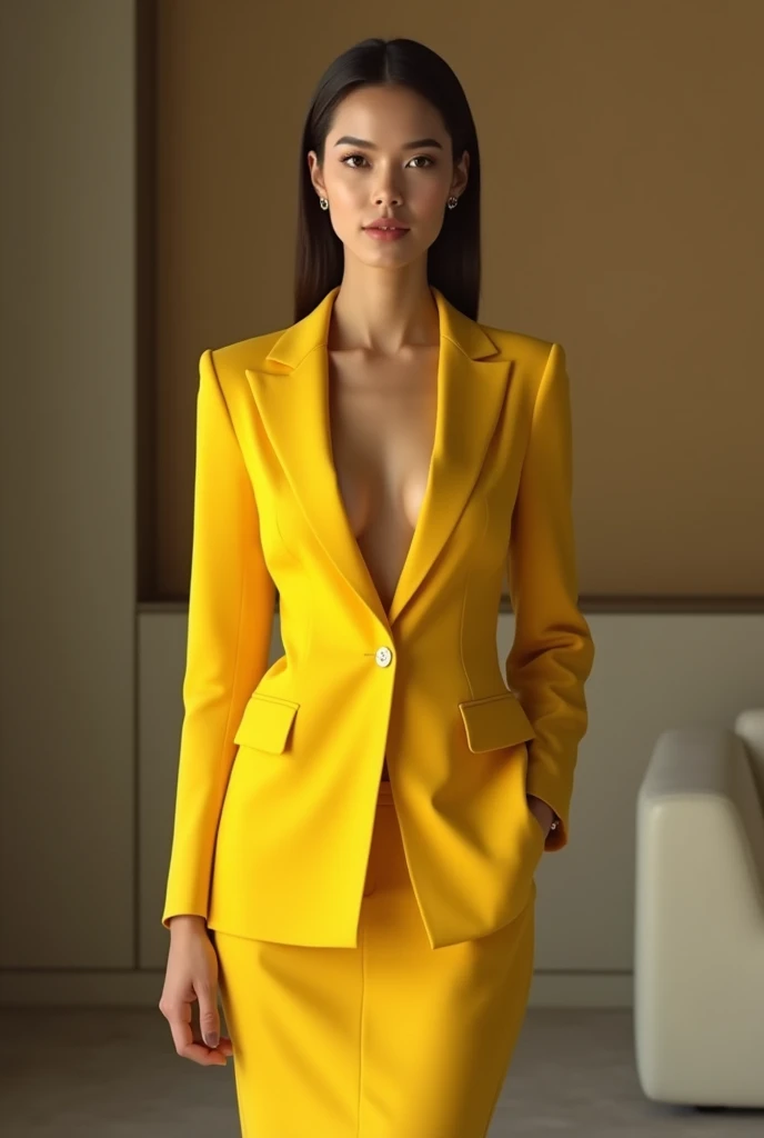 Create a character dressed in formal yellow outfits, she excells in self knowledge