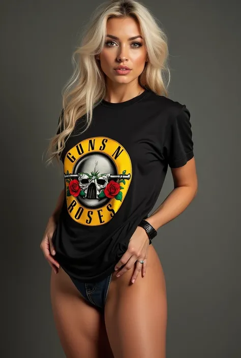 WHITE WOMAN WITH BIG ASS, with her hands on her buttocks opening her ass to show her vagina, looking at you , She&#39;s just wearing a Guns N Roses t-shirt and no pants