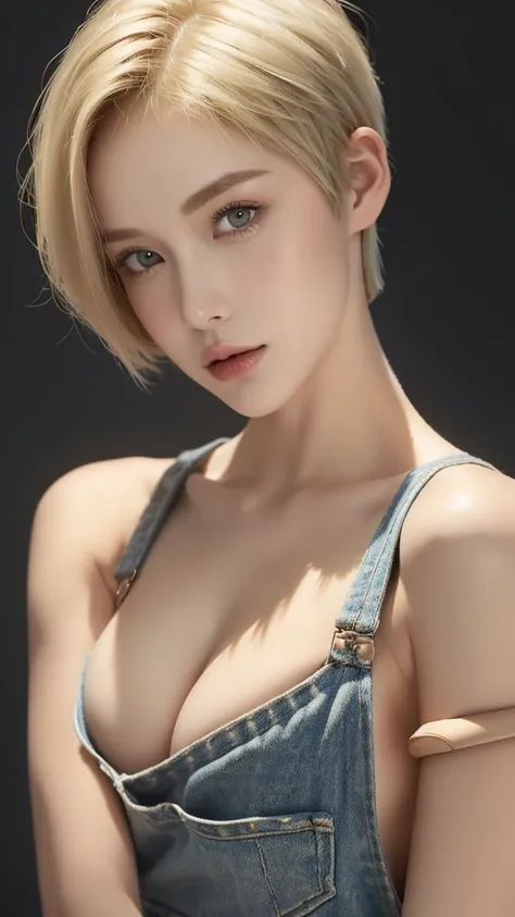 (Highest quality),(masterpiece),(One woman),(very short hair:1.6),Overalls,(Blonde:1.3),(Side boob exposure:1.3),(Cleavage exposure),(Dynamic Pose)