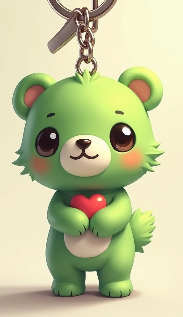 Close up of a keychain green cartoon bear，There is a heart in the chest, Lovely and detailed digital art, Popular on artstation pixiv, Beautiful and lovely lighting, Detailed fan art, Beautiful animal pearl queen, Cute digital art, Digital Art on Pixiv, Lo...