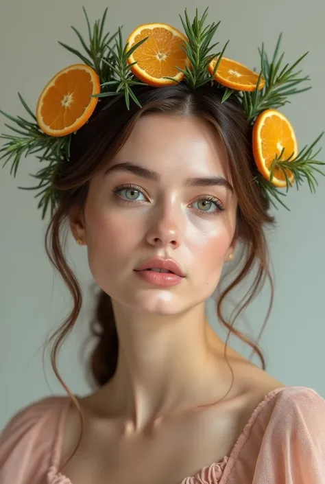 Make me a 120cmx120cm image where Im wearing a rosemary crown with candied orange slices