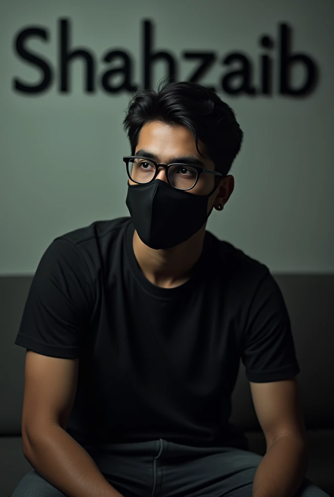 A guy sitting on a chair with mask and glasses with black t-shirt and in background shahzaib name is writed