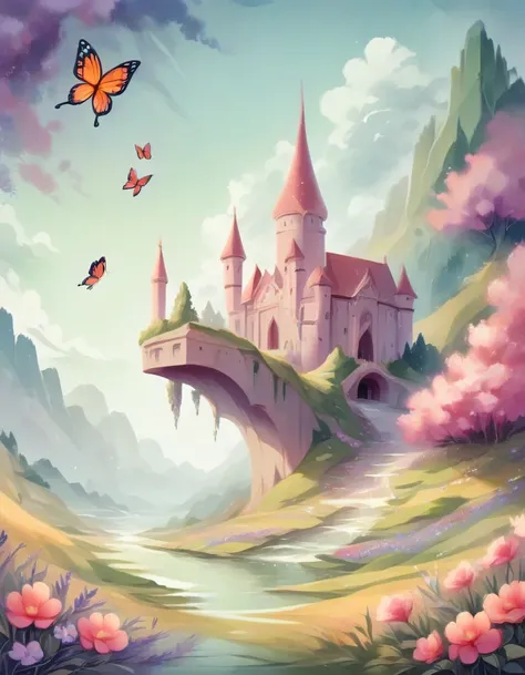 landscape and a fuchsia palace or castle, Glorious pink with flowers and butterfly balloons in high resolution 8k vivid colors 