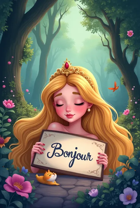 Disney Sleeping Beauty is Asleep, she lifts a sign where it says "Bonjour"  Cartoon