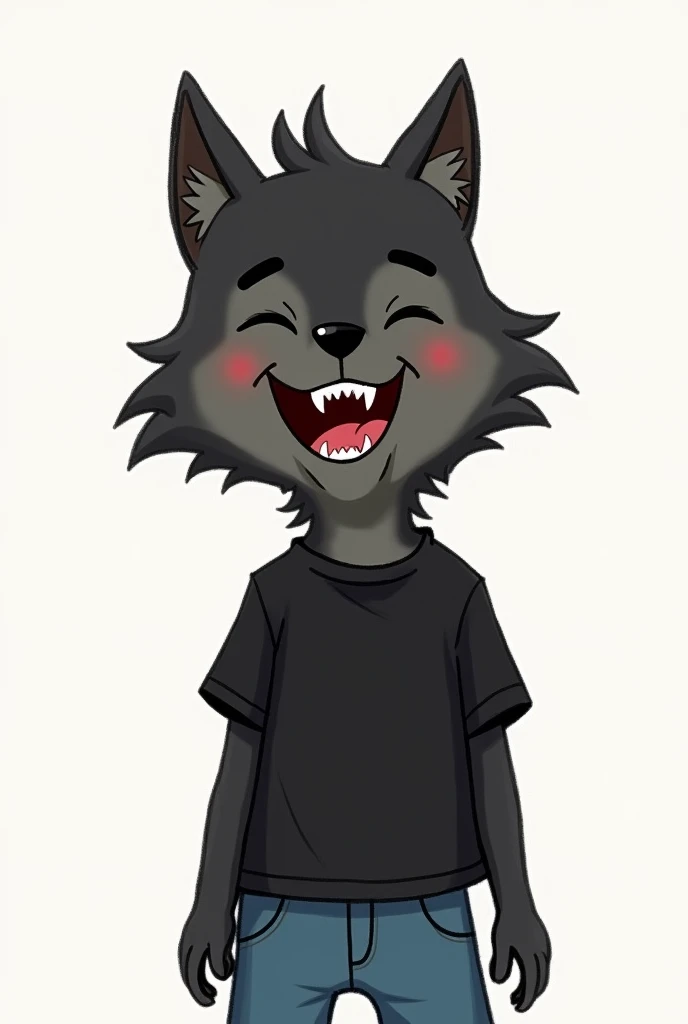  in real life a laughing black wolf cuted black hair in a black t-shirt with black jeans drawn by a child 